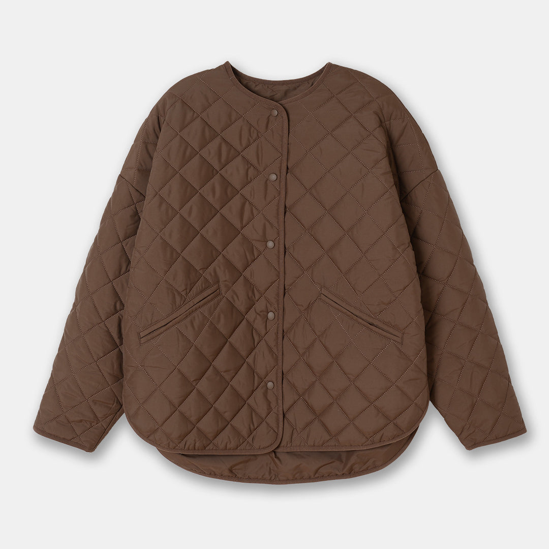 Women's diamond plaid puffer jacket with collarless neckline