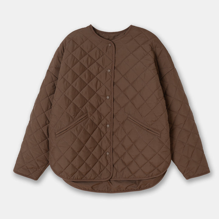 Women's diamond plaid puffer jacket with collarless neckline