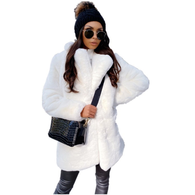 Women's long faux fur coat with lapel collar