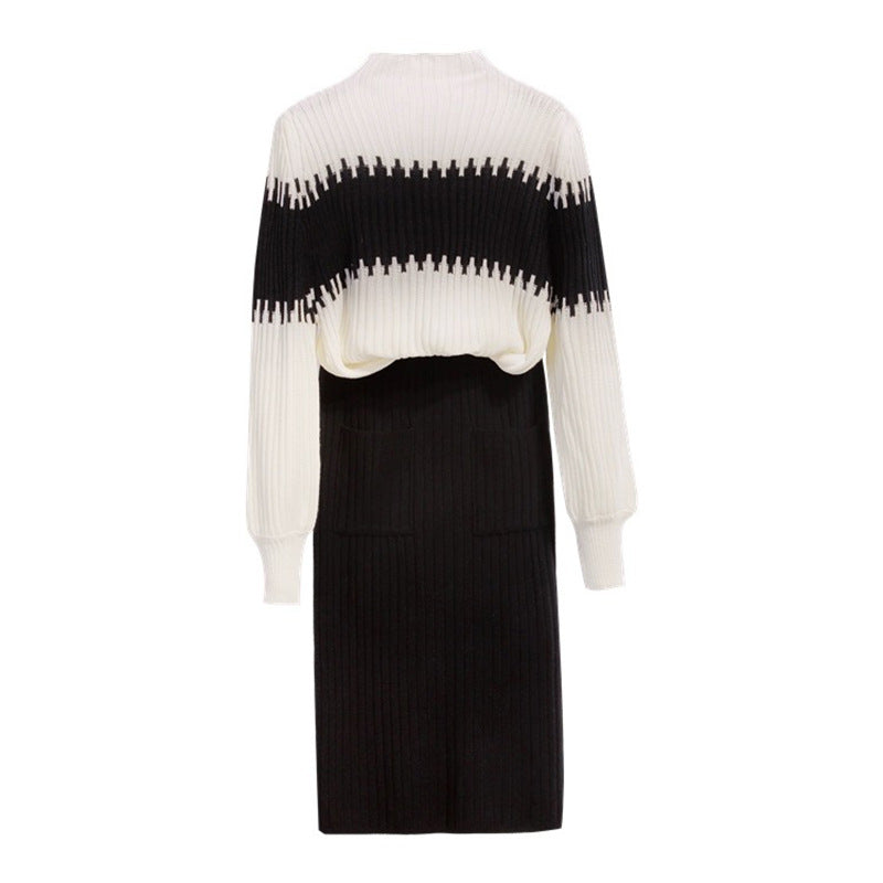 Woman wearing black knit sweater and skirt set