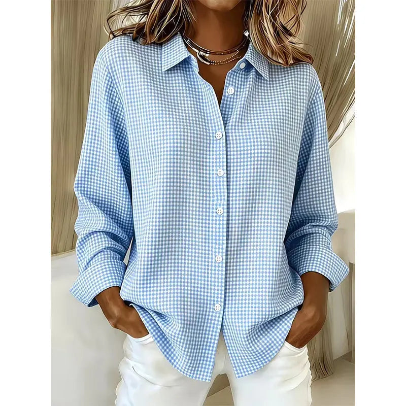 Woman wearing gingham button front long sleeve blouse