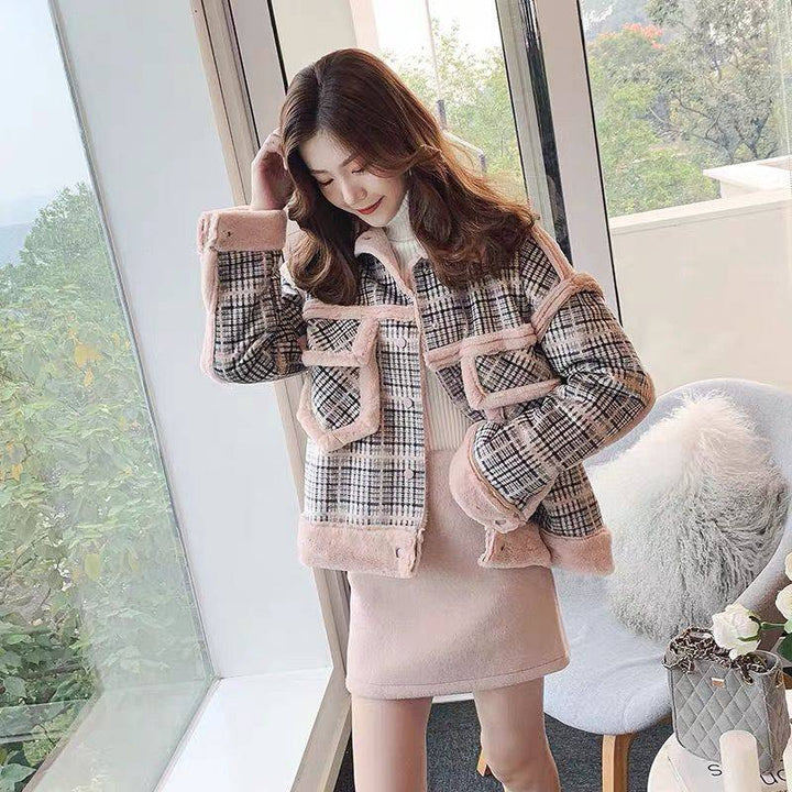 Women's lamb plush coat with polo collar, khaki and pink