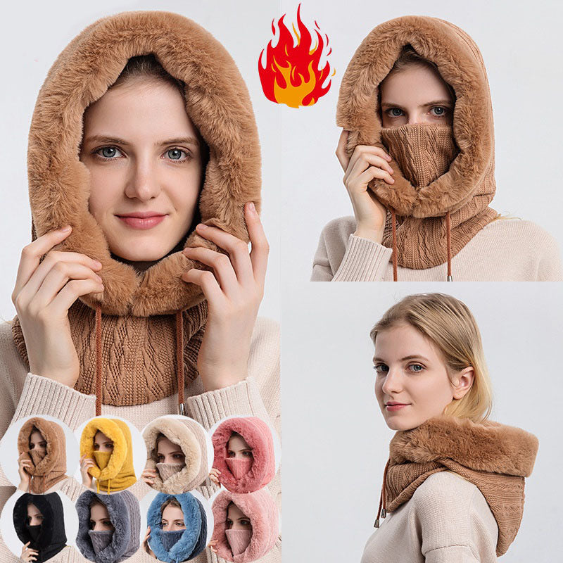 Women's hooded knit winter hat with scarf