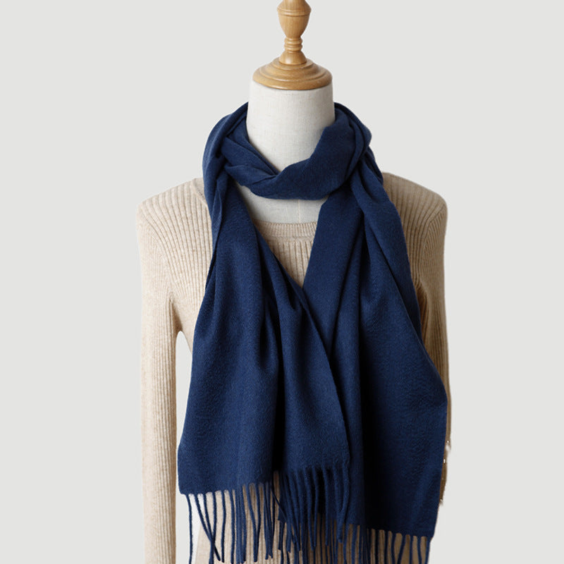 Women's solid color cashmere tassel scarf with long fringe