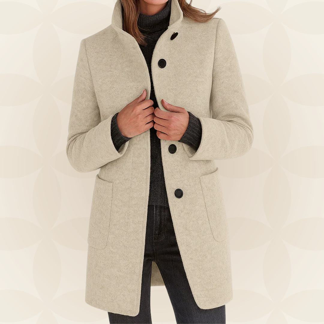Woman wearing straight-cut winter coat with high collar