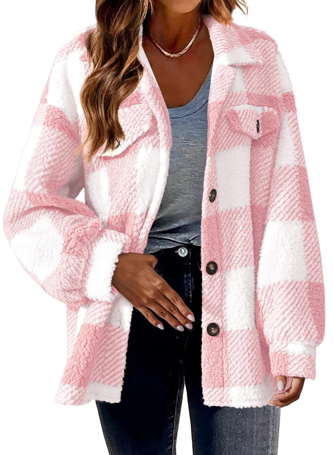Women's loose fit button fleece jacket