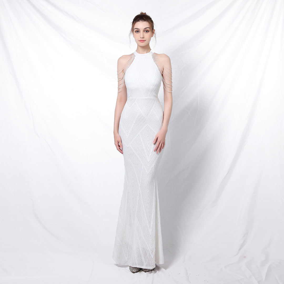 Women's backless long sequin evening dress