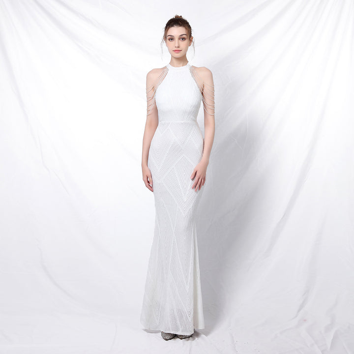 Women's backless long sequin evening dress