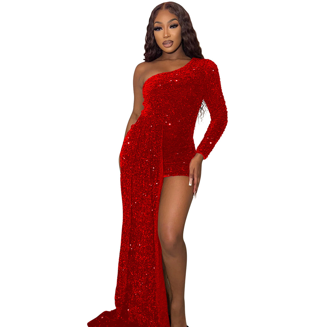 Woman wearing one-shoulder long sleeve sequin swing dress