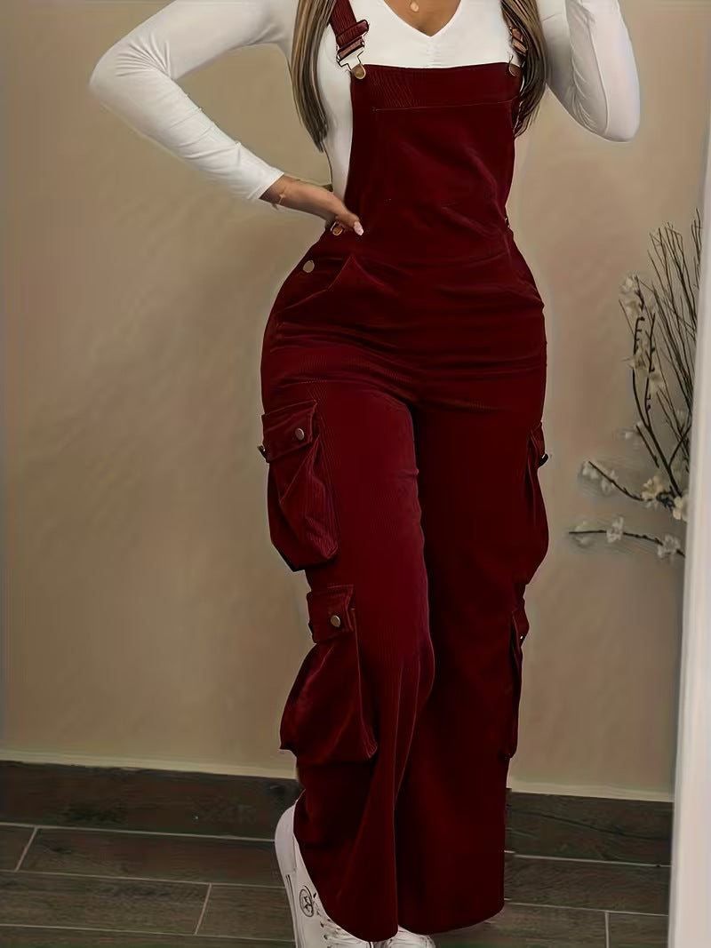 Woman wearing corduroy overalls with pockets