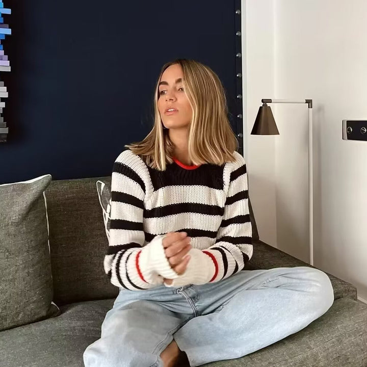 Women's lace-up sweater with striped and plaid pattern