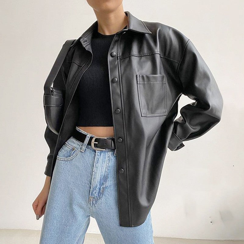 Women's PU leather motorcycle jacket in black and purple