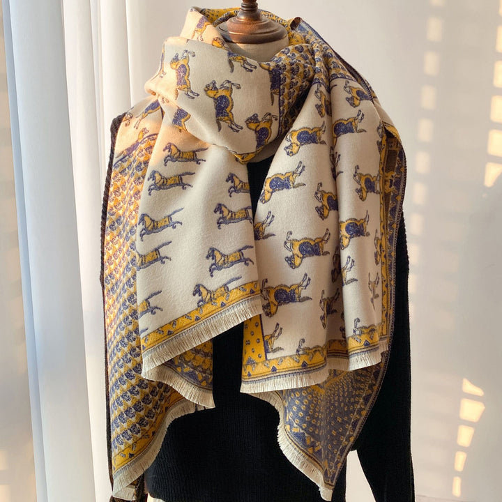 Women's retro jacquard tassel winter scarf