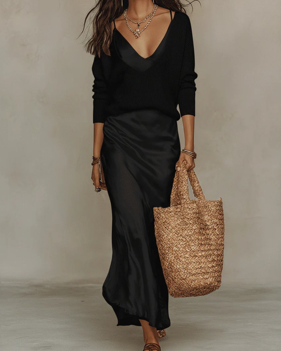 Marion | Women's Satin Slip Long-Sleeve Midi Dress