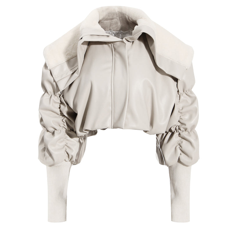 Women's cream PU leather jacket with polo collar