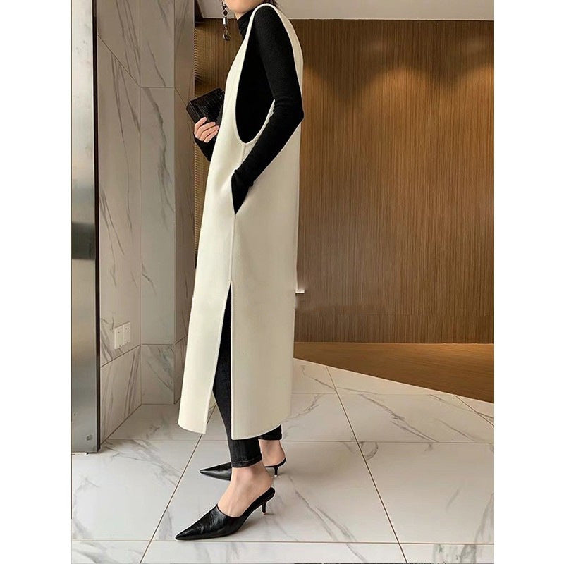 Beige sleeveless knit V-neck sweater dress front view