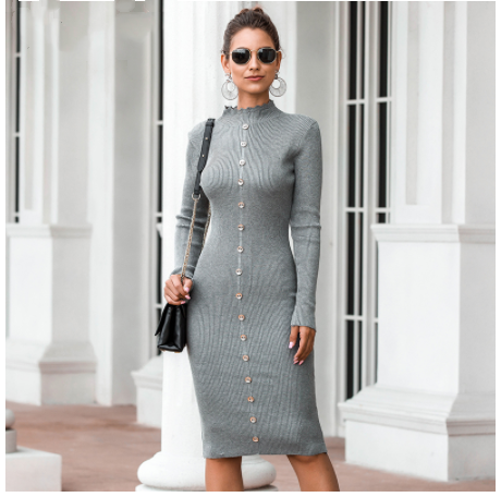 Women's knit sweater dress in wine red, gray and black