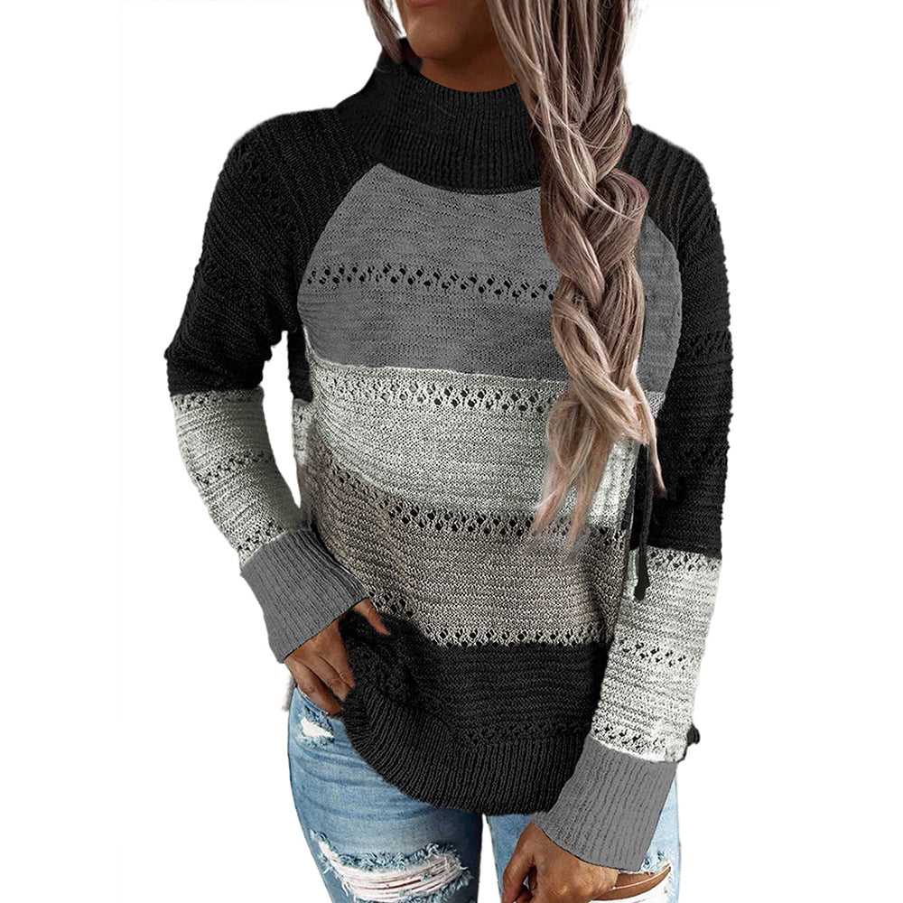 Woman wearing knit turtleneck sweater with contrast stitching