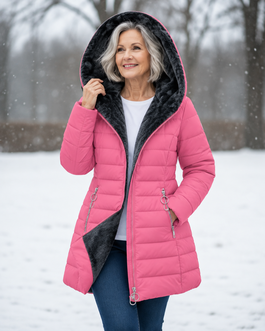 Women's quilted winter coat with hood on model