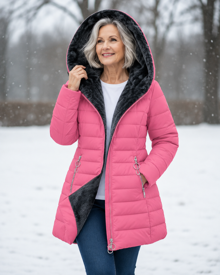 Women's quilted winter coat with hood on model