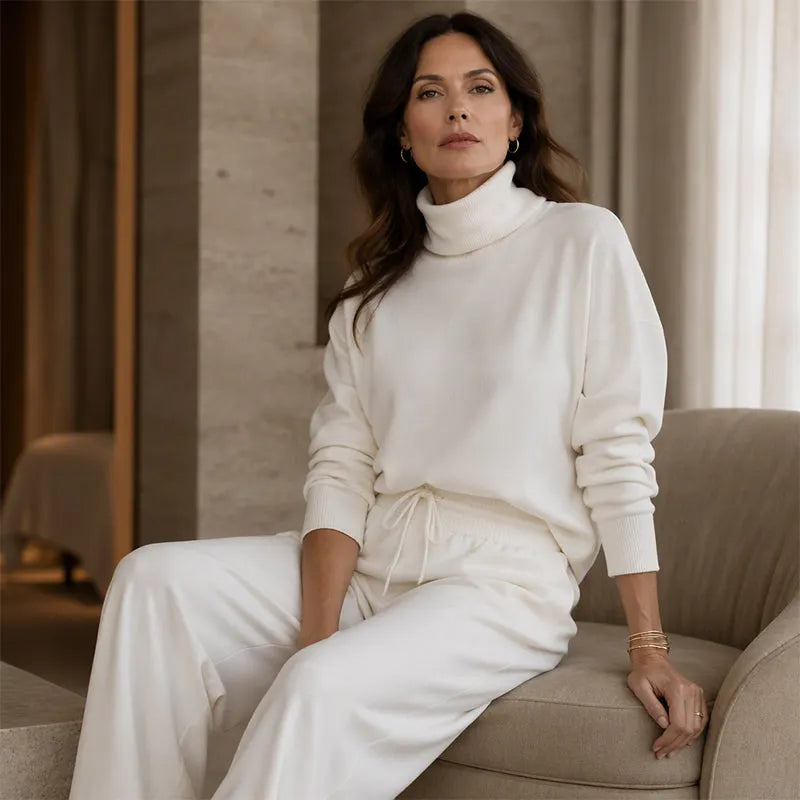 Woman wearing turtleneck two piece set with wide-leg pants