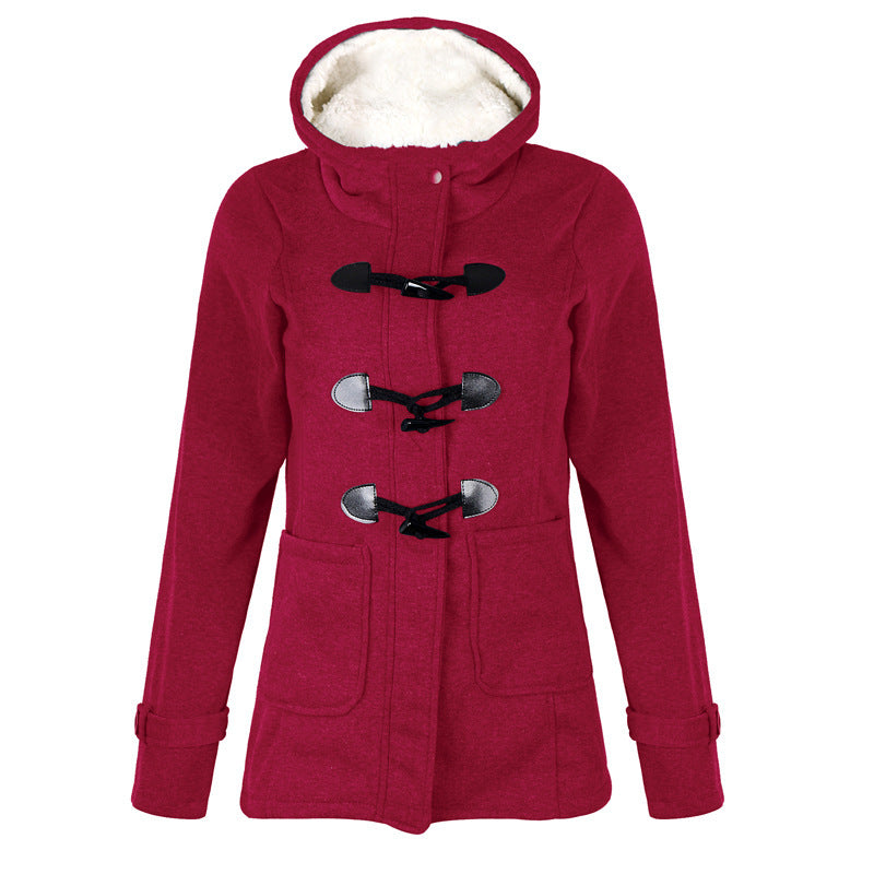 Woman in hooded double-breasted loose-fit coat