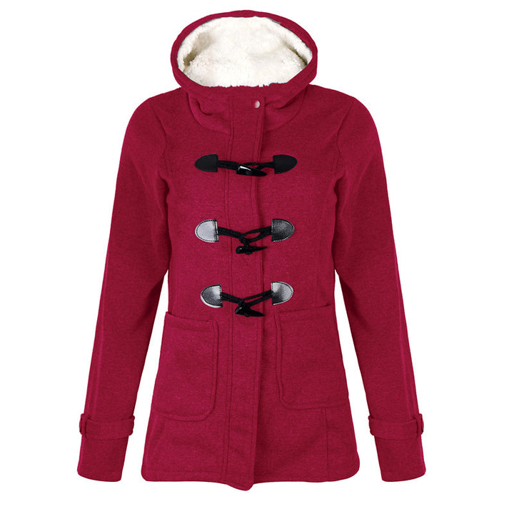 Woman in hooded double-breasted loose-fit coat