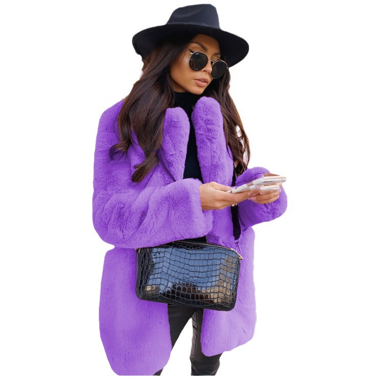 Women's long faux fur coat with lapel collar