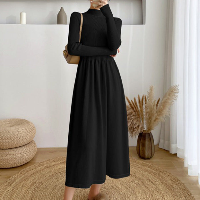 Women's mid-length knit sweater dress with elastic waist