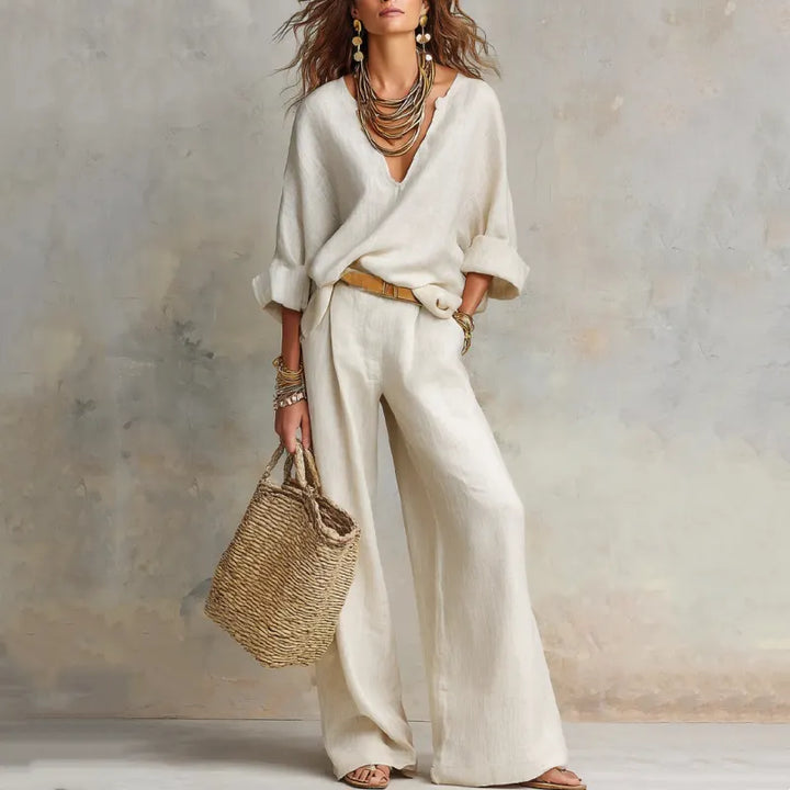 Woman wearing relaxed V-neck top and wide-leg pants set