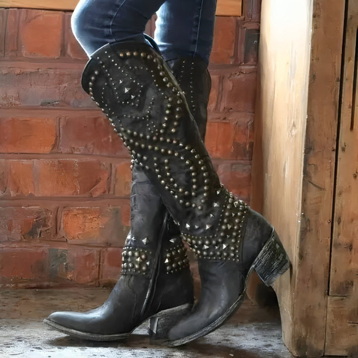Calantha | Women's Studded Pointed-Toe Block-Heel Knee-High Boots