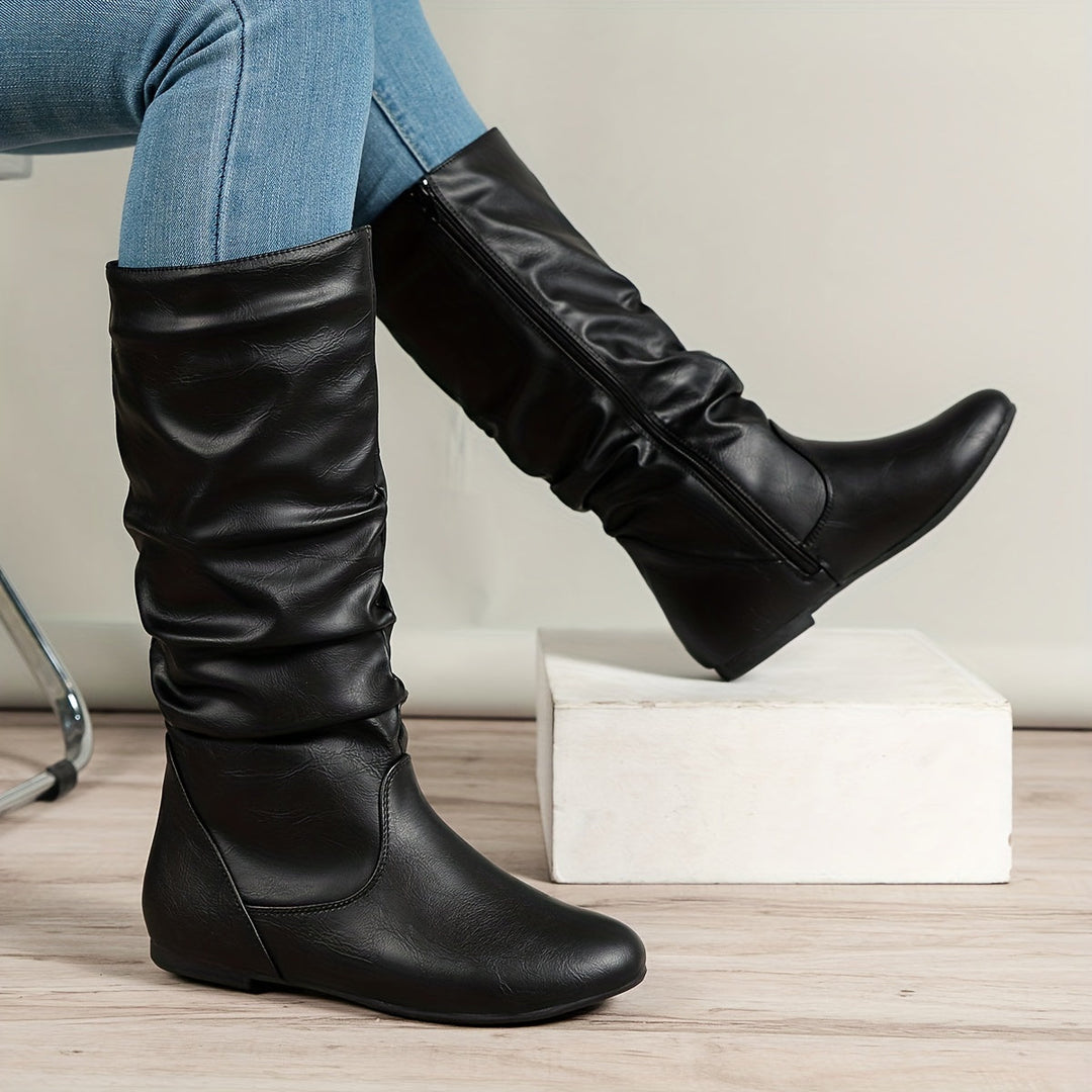 Emmelina | Women's Round-Toe Flat Knee-High Zip-Up Boots