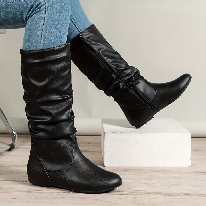 Emmelina | Women's Round-Toe Flat Knee-High Zip-Up Boots