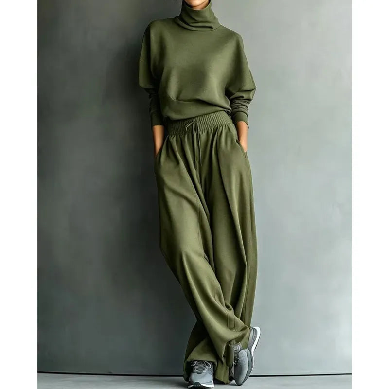 Woman wearing turtleneck two piece set with wide-leg pants