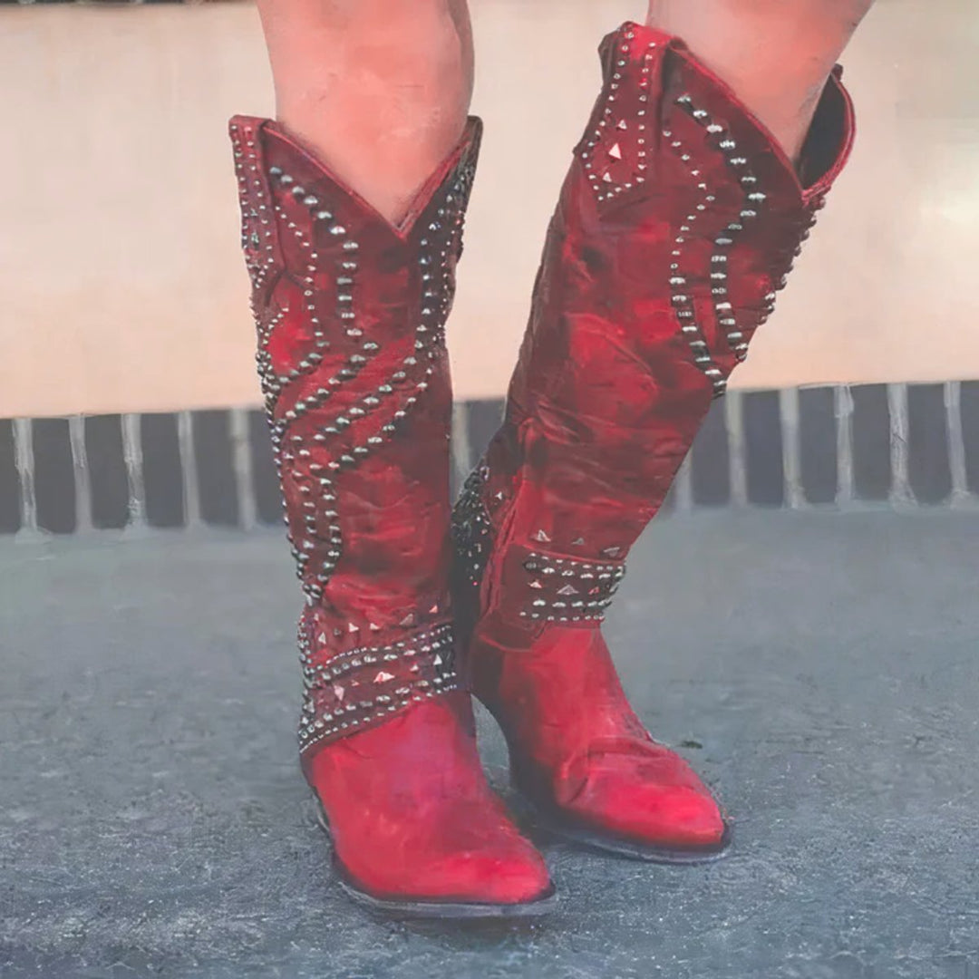 Calantha | Women's Studded Pointed-Toe Block-Heel Knee-High Boots