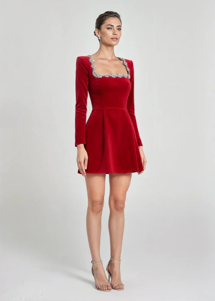 Capucine | Women's Velvet Square-Neck Floral Mini Dress