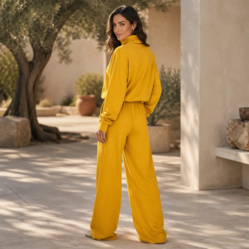 Woman wearing turtleneck two piece set with wide-leg pants