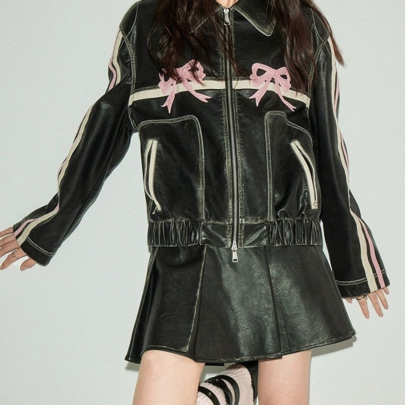 Women's pink bow biker jacket with long sleeves