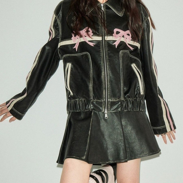 Women's pink bow biker jacket with long sleeves