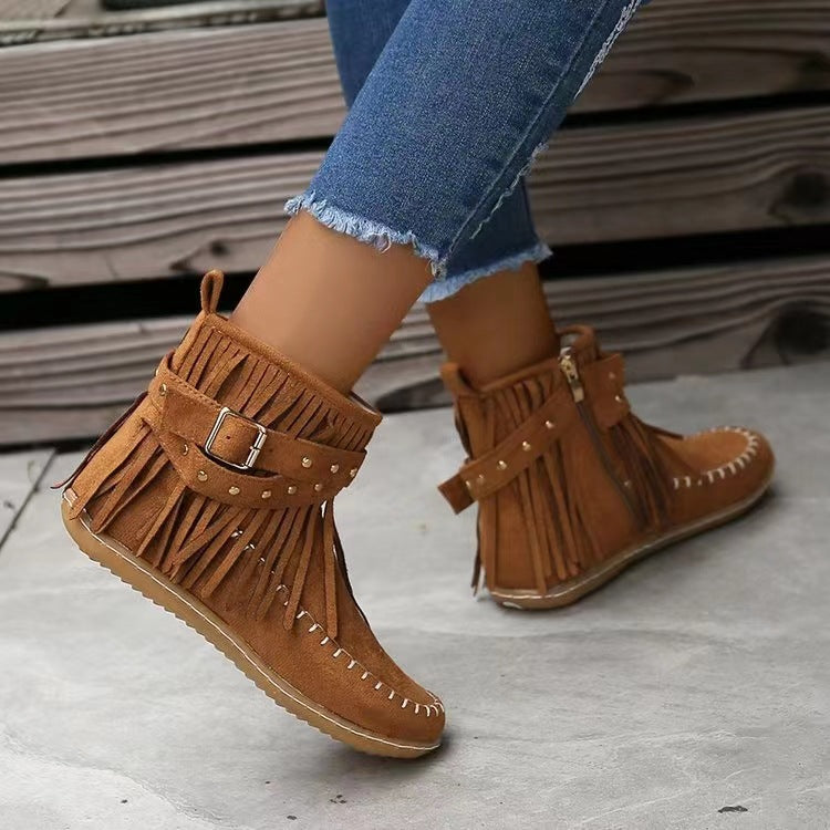 Women's black suede flat ankle boots with rivet tassel