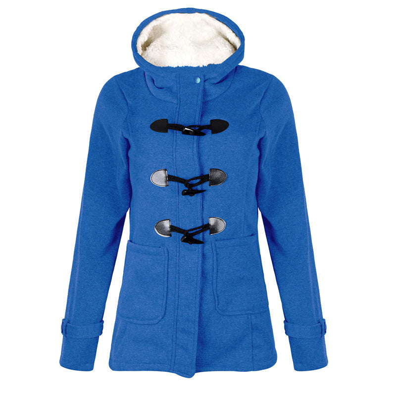 Woman in hooded double-breasted loose-fit coat