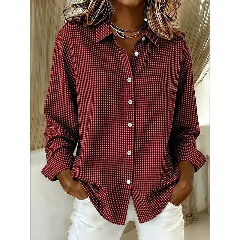 Woman wearing gingham button front long sleeve blouse