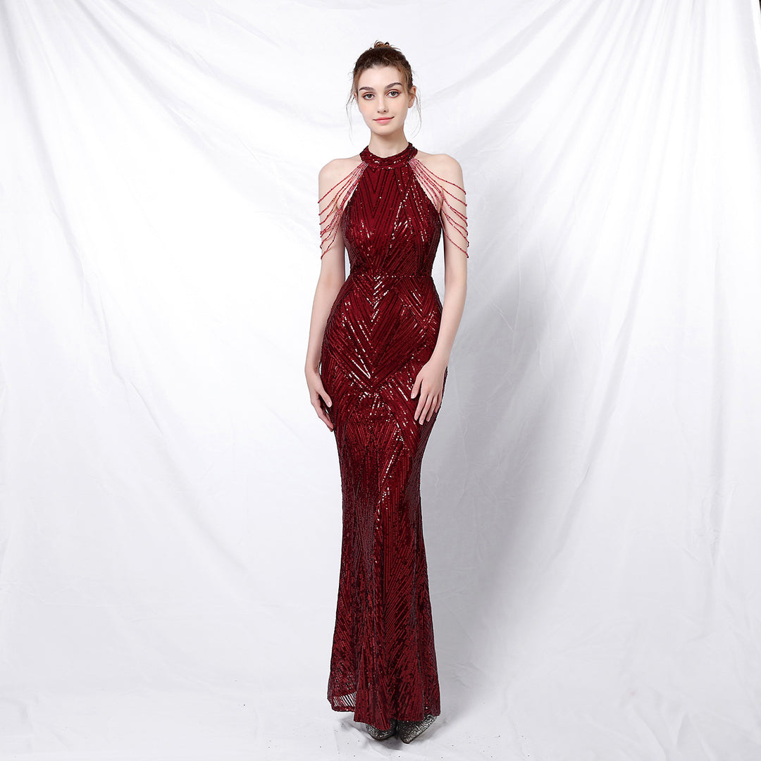Women's backless long sequin evening dress