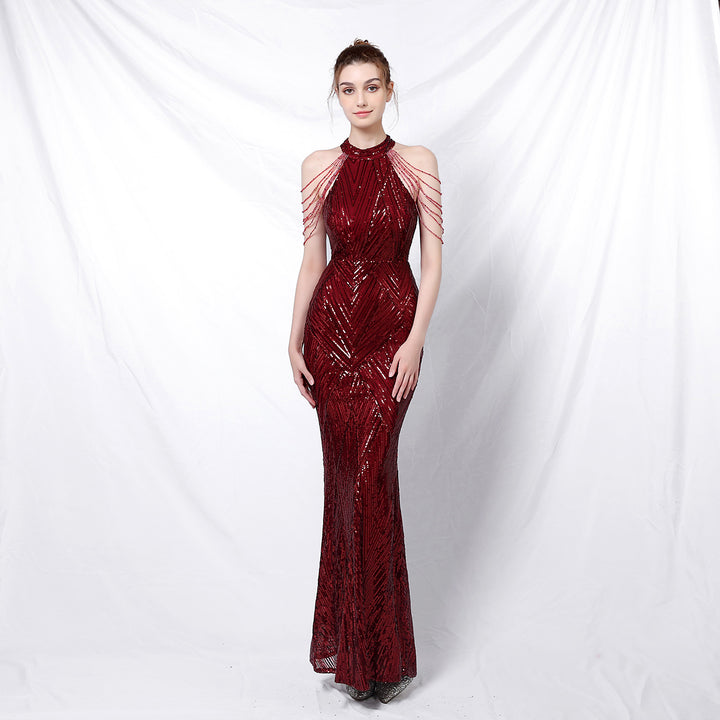 Women's backless long sequin evening dress