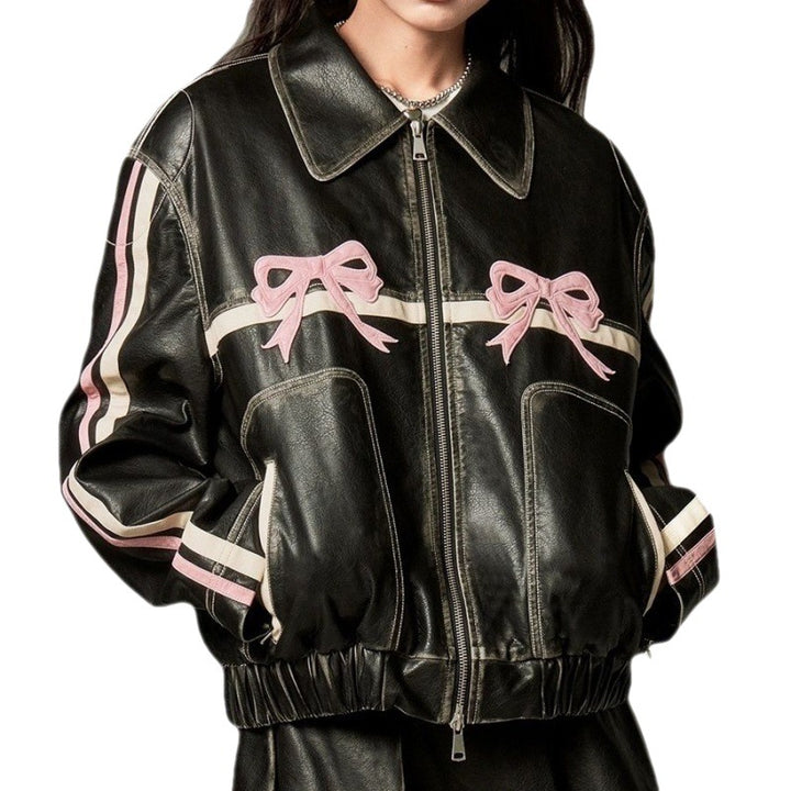 Women's pink bow biker jacket with long sleeves
