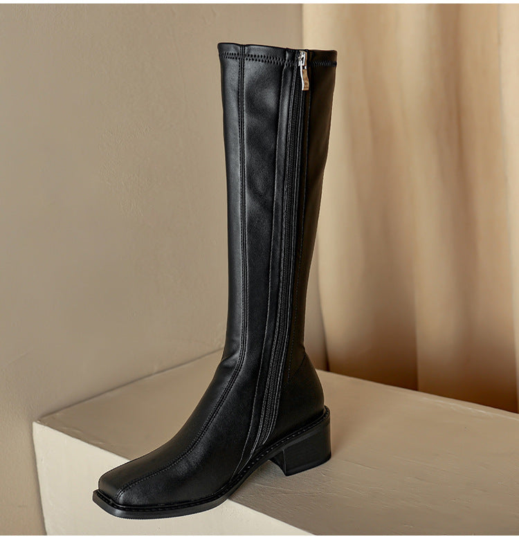 Women's knee high boots with side zipper and thick heel
