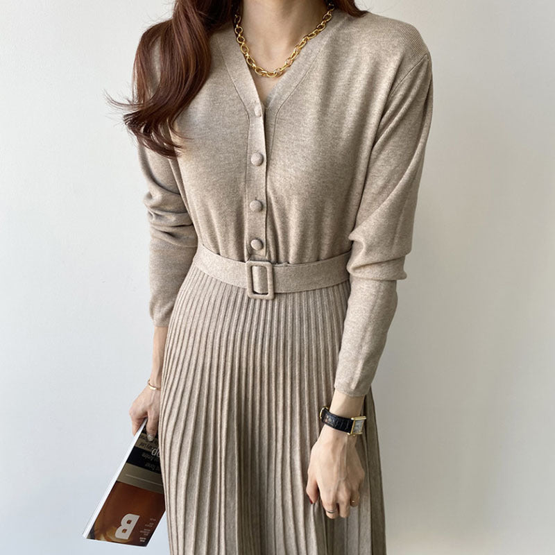 Women's black V-neck thick knit sweater dress