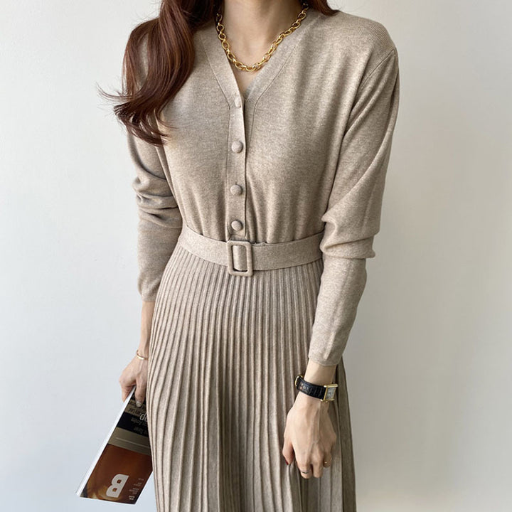 Women's black V-neck thick knit sweater dress