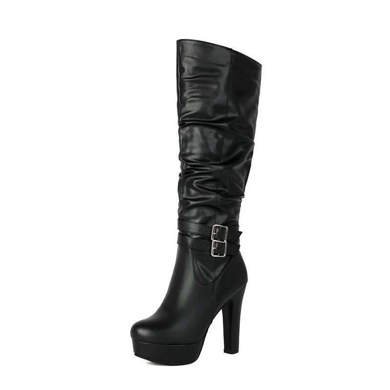 Black chunky heel over-the-knee boots for women