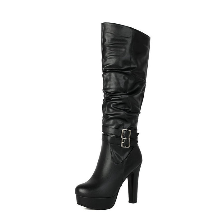 Black chunky heel over-the-knee boots for women